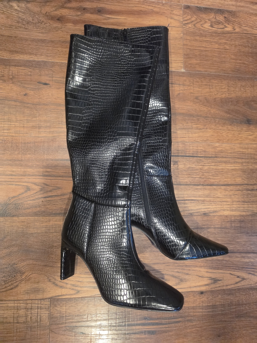 New York & Company Black Croc-Embossed Knee Boots with Block Heel